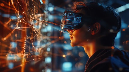 A smart individual using virtual reality goggles to access and interact with a complex global network, featuring holographic data and connections in the background