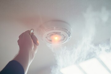 Fototapeta premium Close-up of a ceiling smoke detector in a modern residential interior for fire safety and home security