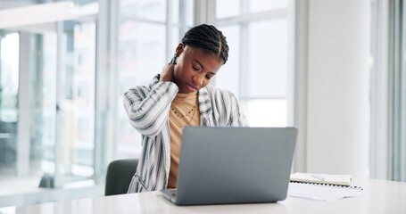 Neck pain, laptop and black woman in office with injury, bad posture or stress symptoms. Computer,...