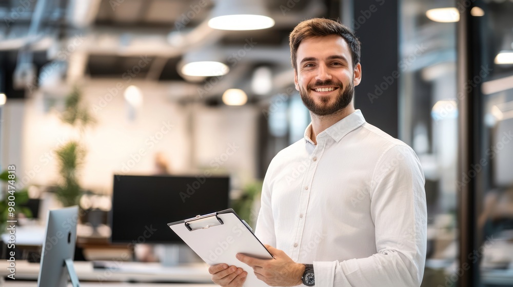 Poster a smiling worker in a modern office setting, holding a clipboard while standing near a desk with a c