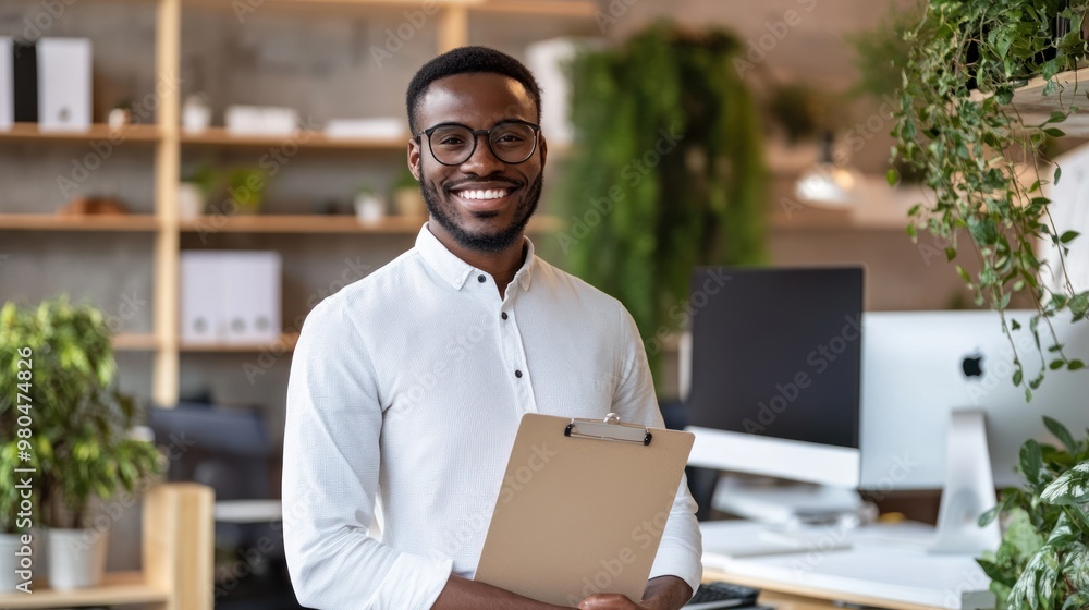 Poster a smiling worker in a modern office setting, holding a clipboard while standing near a desk with a c