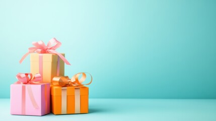 A group of gift boxes wrapped in colorful paper and topped with ribbons and bows, creating a vibrant and festive display.