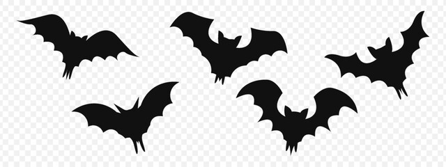 illustration of silhouette bat flying set isolated on transparent background