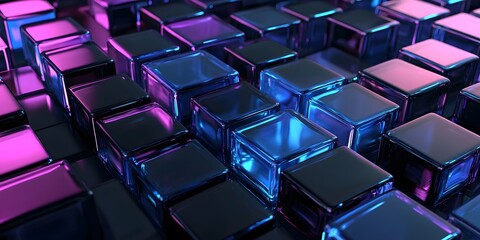 Obraz premium 3D render, an abstract blocks geometric background with neon blue and purple lights shining on the wall