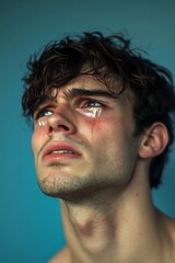 Fototapeta premium Sad man crying with tears in eye on blue background. Teardrop on face. Drama, depression concept