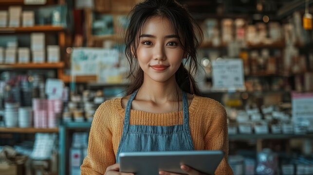 Young Woman Working in a Retail Store, Using Tablet