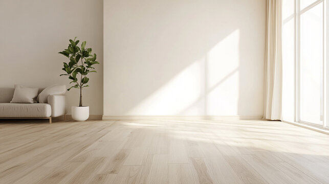 modern empty room with wooden floor and large white plain wall. large luxury modern bright interiors room illustration.