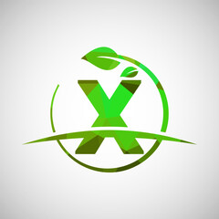 English alphabet X with circle leaf and swoosh. Eco-friendly logo concept. Low poly logo for ecological business and company identity