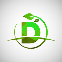 English alphabet D with circle leaf and swoosh. Eco-friendly logo concept. Low poly logo for ecological business and company identity