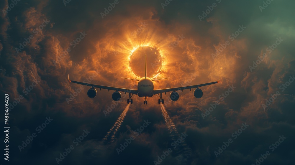 Poster a total eclipse with a dramatic lens flare effect, distorting the airplanes silhouette and adding a 