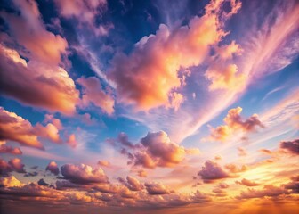 Fototapeta premium Whispy soft pink clouds float effortlessly across a serene sky, radiating a sense of peaceful tranquility during a warm sunrise or sunset moment.