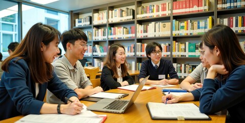 Collaborative Group of Asian Students Studying and Sharing Ideas in College Library