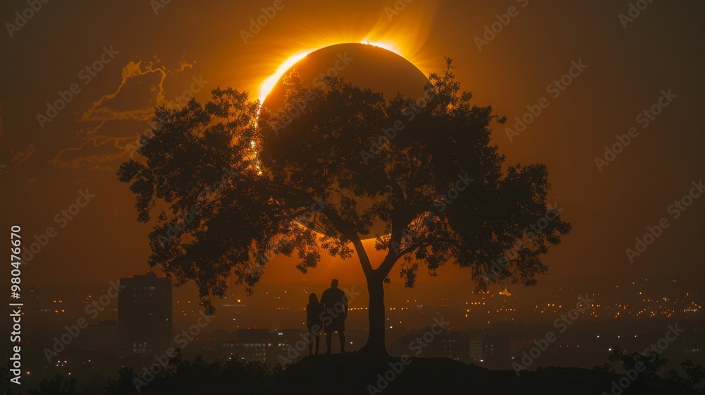 Poster capture the sense of wonder and awe as spectators watch the progression of a partial solar eclipse, 