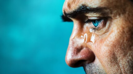 Fototapeta premium Sad man crying with tears in eye on blue background. Teardrop on face. Drama, depression concept