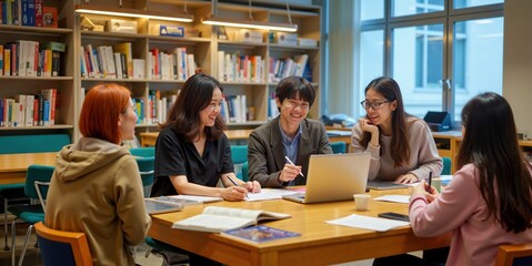 Collaborative Group of Asian Students Studying and Sharing Ideas in College Library