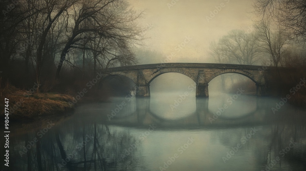 Poster a stone bridge spans across a serene river, surrounded by bare trees shrouded in morning mist. the c