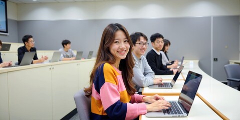 Obraz premium Smiling Asian Student Working on Laptop During a University Lecture