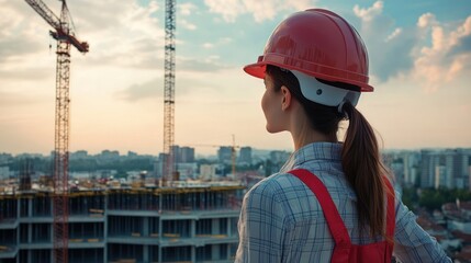 A young female engineer wearing a hard hat, inspecting a building under construction, with cranes in the distance