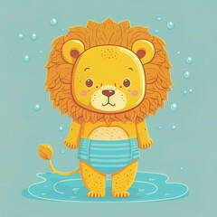 Cute cartoon lion in swimming suit. Vector illustration of a cute animal.