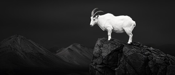 Mountain goat perched on the edge of a steep cliff, monochrome photography highlighting the stark rock formations, a symbol of endurance in a harsh, untamed environment