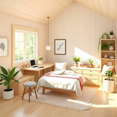 Fototapeta premium Elevation rendering of a Z-shaped study table with built-in wall seating in a simple cabin bedroom