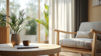 A wooden table with a plant, a cup, and a magazine in a modern living room.
