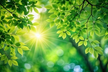 Obraz premium Softly focused sunlight filters through lush green leaves of a serene tree, creating a peaceful natural ambiance with a gentle gradient, and ample copy space for text or design.