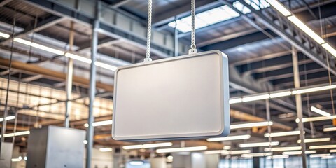 Modern empty white square sign with sleek silver edges suspended from ceiling on thick rope, against a blurred background of industrial interior design.