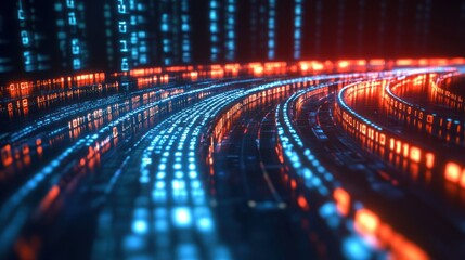 Abstract digital data network with flowing binary code and light trails, symbolizing fast data transfer and connectivity Close-up photo with clean background