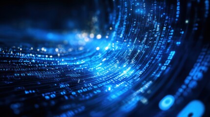 Abstract digital data network with flowing binary code and light trails, symbolizing fast data transfer and connectivity Close-up photo with clean background