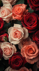 A close-up of multiple roses, capturing the intricate details of overlapping petals in a lush bouquet