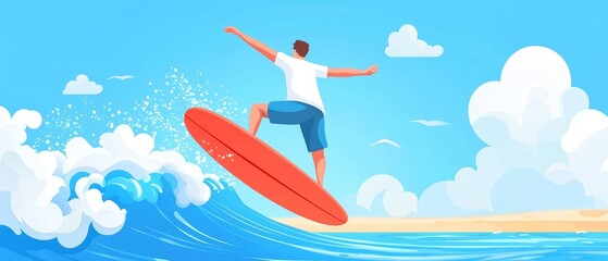Surfer perfecting balance on a board at the beach, bright blue ocean and sky, casual surf training, beach workout, vibrant summer vibes
