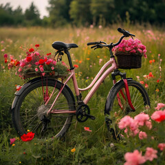 Naklejka premium Bicycle flora style meadow with red and pink flowers background