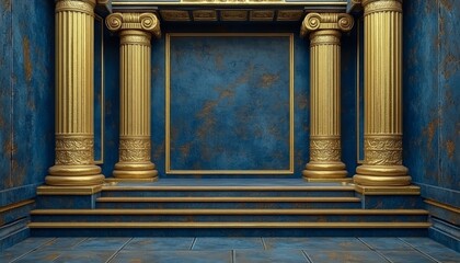 Gold-Trimmed Blue Steps and Pillars Leading to an Empty Frame