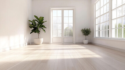 Interior empty room 3D rendering, Empty minimalist living room with large window.