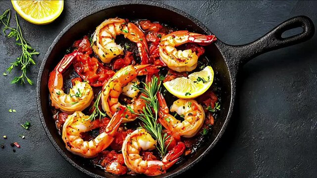 Moqueca fish and shrimp, a traditional dish of Brazilian cuisine. Stewed fish with shrimps, cooked in a delicious rich and aromatic broth. On a dark background