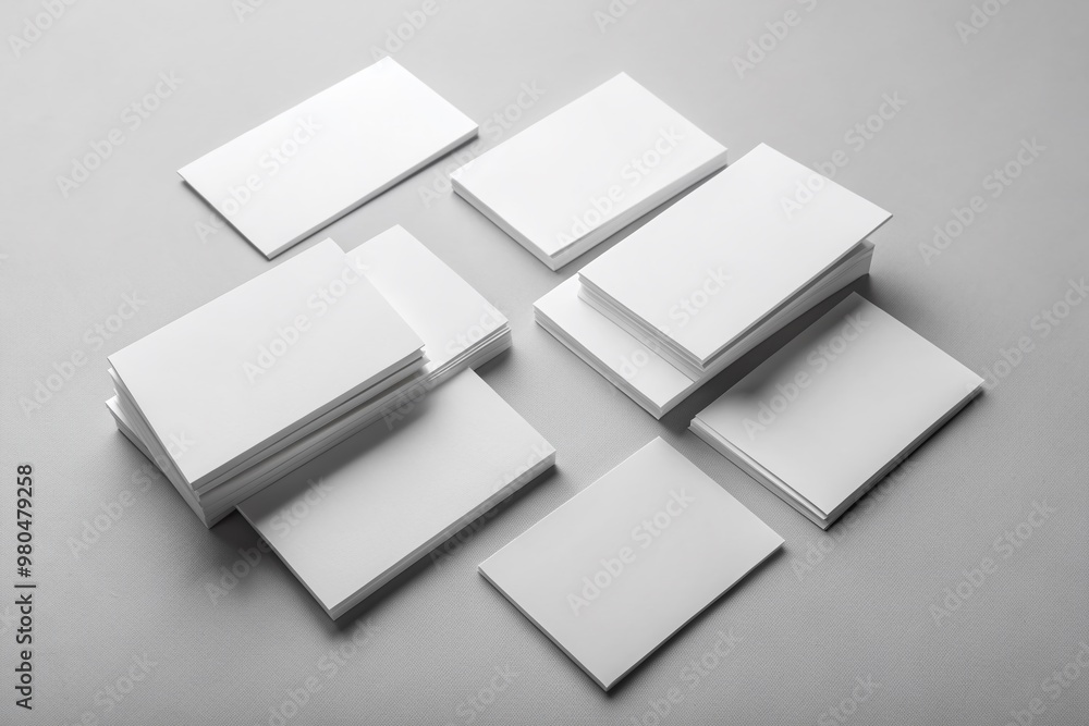 Poster empty white business cards arranged in a scattered formation on a light gray background, waiting for