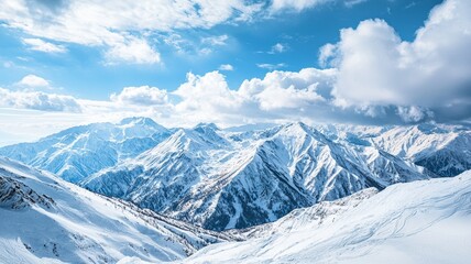 Naklejka premium Scenic view of snowcapped mountains against sky during winter - ai