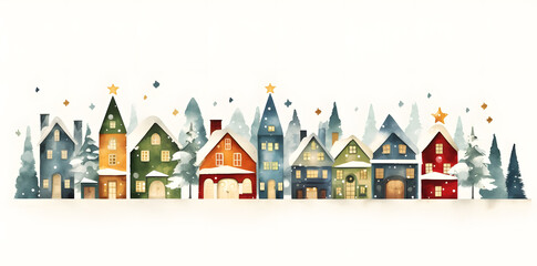 Charming Christmas village scene in watercolor, showcasing cozy holiday buildings on a clean white backdrop