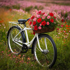 Fototapeta premium Bicycle flora style meadow with red and pink flowers background