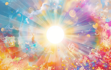 A galaxy vortex with rays radiating from its center, featuring a giant white sun at the core. Colorful swirling light also radiates outward, encircled by a rainbow circle of mysterious patterns. 
