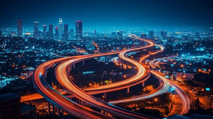 Fototapeta premium Cityscape with a Network of Illuminated Freeways at Night