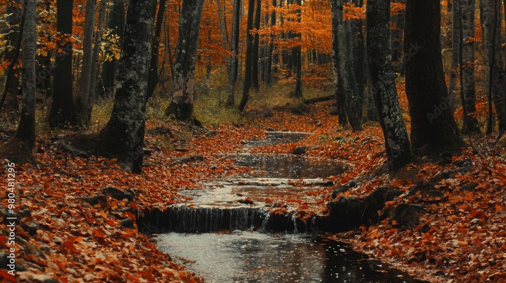 Poster A peaceful stream meanders through a forest adorned with vivid autumn leaves. The landscape features a mix of greenery and rich warm colors, creating a serene atmosphere in nature during fall.