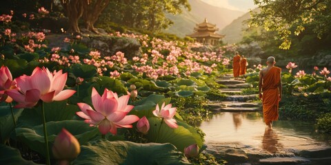 Serene Monastery Garden with Pagoda and Lotus Ponds in East Asian Style Landscape