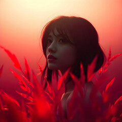 Fototapeta premium surreal world with shining red grass photo dark red and white minimal outfit redscale color