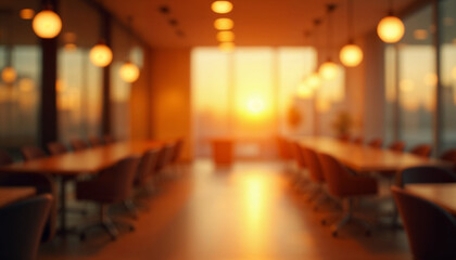 Blurred conference room with sunset and ambient lighting