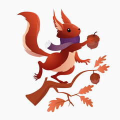 Vector illustration of a playful squirrel on a tree branch while holding an acorn in its paws for children s illustrations, nature-themed designs, educational materials, and seasonal projects.