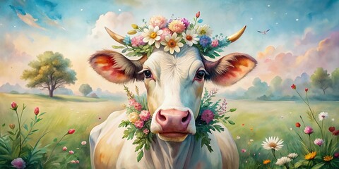 Fototapeta premium Whimsical watercolor illustration of a gentle cow adorned with vibrant flowers on its head, set against a soft, dreamy, pastel-colored countryside background.
