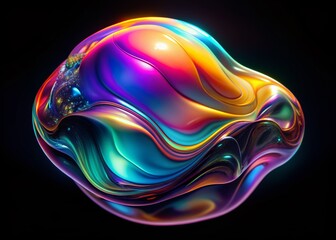 Obraz premium Vibrant iridescent liquid blob with wavy, melted edges isolated on black, shimmering with bold, futuristic holographic colors and mesmerizing optical illusions.