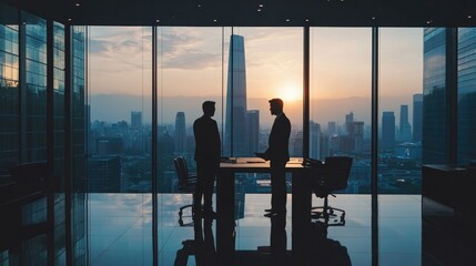 Silhouetted Businessmen in Modern Office with City Skyline and Sunset Background